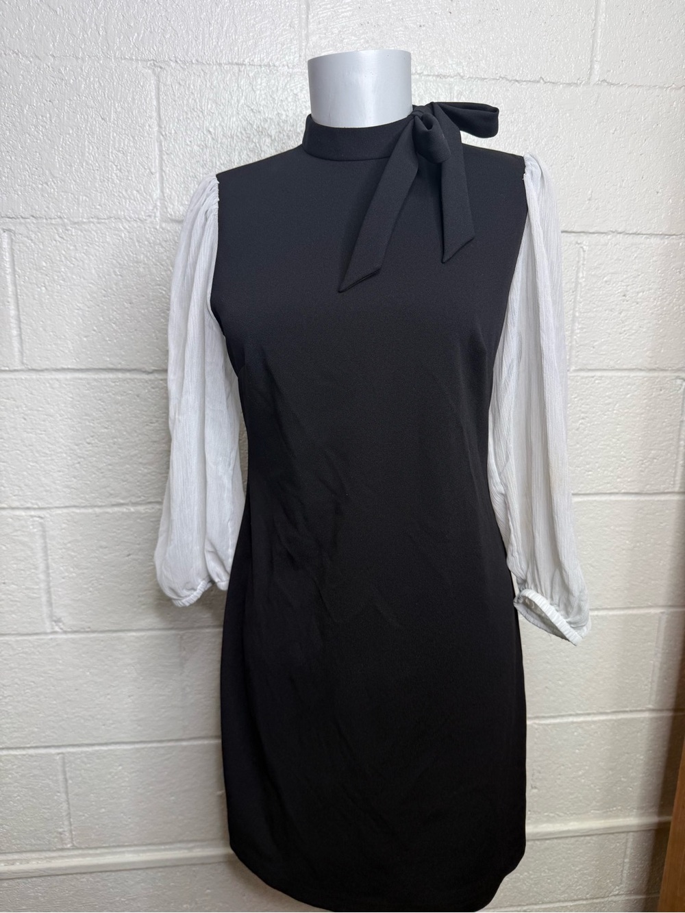 Calvin Klein Black Dress with White Bishop Sleeves and Neck Tie